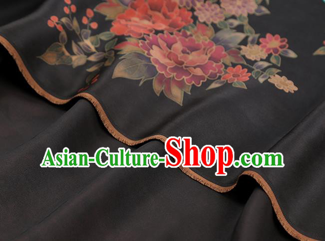 Chinese Classical Peony Pattern Gambiered Guangdong Gauze Brocade Fabric Traditional Cheongsam Black Silk Drapery