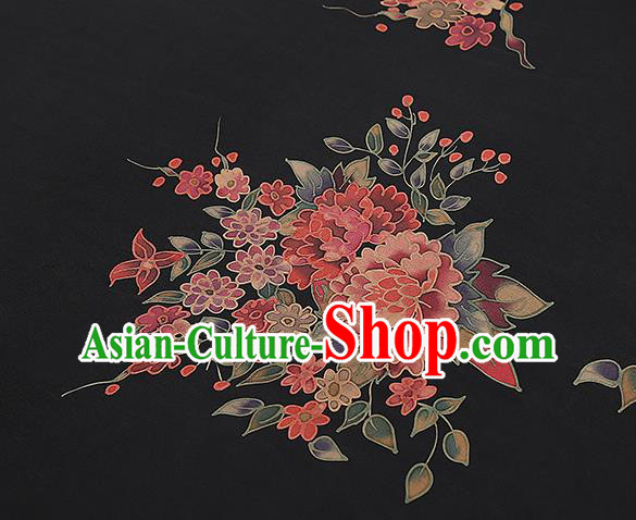 Chinese Classical Peony Pattern Gambiered Guangdong Gauze Brocade Fabric Traditional Cheongsam Black Silk Drapery