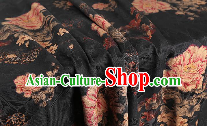 Chinese Brocade Fabric Traditional Cheongsam Black Silk Drapery Classical Peony Pattern Gambiered Guangdong Gauze