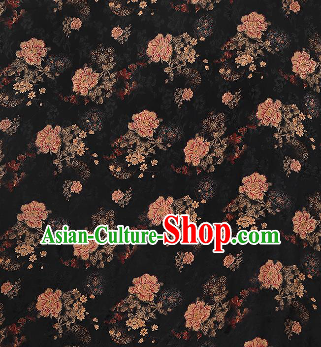 Chinese Brocade Fabric Traditional Cheongsam Black Silk Drapery Classical Peony Pattern Gambiered Guangdong Gauze