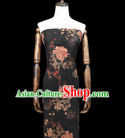 Chinese Brocade Fabric Traditional Cheongsam Black Silk Drapery Classical Peony Pattern Gambiered Guangdong Gauze