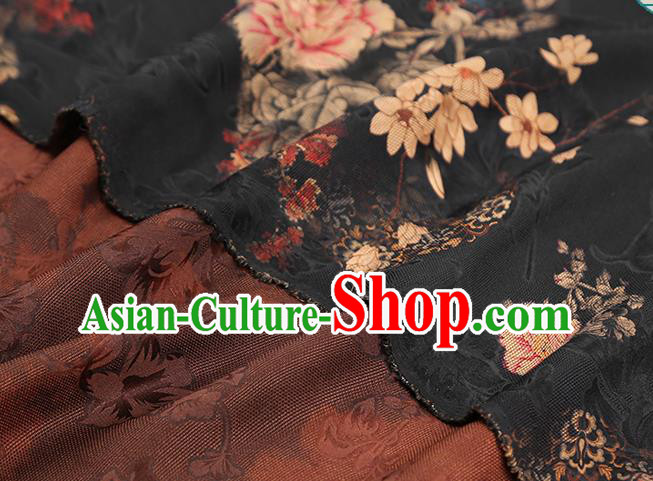 Chinese Brocade Fabric Traditional Cheongsam Black Silk Drapery Classical Peony Pattern Gambiered Guangdong Gauze