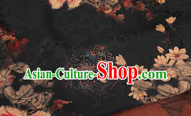 Chinese Brocade Fabric Traditional Cheongsam Black Silk Drapery Classical Peony Pattern Gambiered Guangdong Gauze