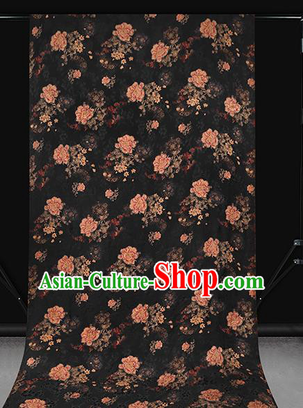 Chinese Brocade Fabric Traditional Cheongsam Black Silk Drapery Classical Peony Pattern Gambiered Guangdong Gauze