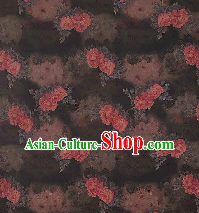 Chinese Brown Brocade Fabric Classical Peony Pattern Silk Drapery Traditional Cheongsam Gambiered Guangdong Gauze
