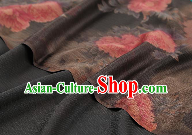 Chinese Brown Brocade Fabric Classical Peony Pattern Silk Drapery Traditional Cheongsam Gambiered Guangdong Gauze