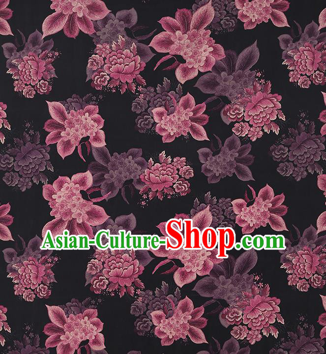 Chinese Traditional Cheongsam Black Brocade Fabric Classical Purple Peony Pattern Silk Drapery