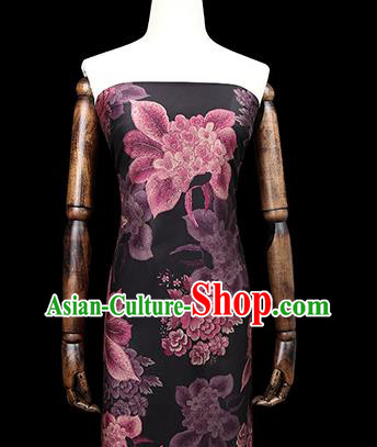 Chinese Traditional Cheongsam Black Brocade Fabric Classical Purple Peony Pattern Silk Drapery
