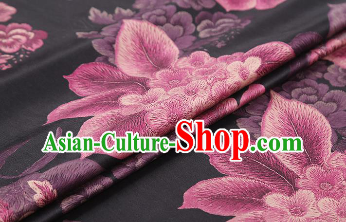 Chinese Traditional Cheongsam Black Brocade Fabric Classical Purple Peony Pattern Silk Drapery