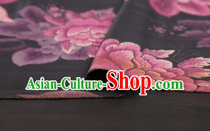 Chinese Traditional Cheongsam Black Brocade Fabric Classical Purple Peony Pattern Silk Drapery