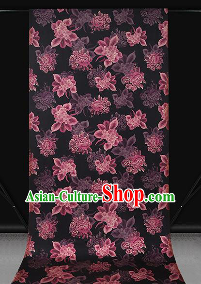 Chinese Traditional Cheongsam Black Brocade Fabric Classical Purple Peony Pattern Silk Drapery