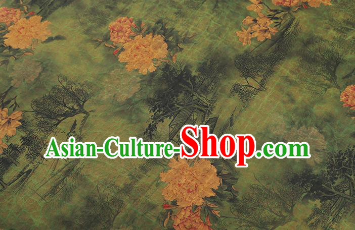 Chinese Traditional Cheongsam Green Satin Classical Peony Pattern Silk Drapery Brocade Fabric
