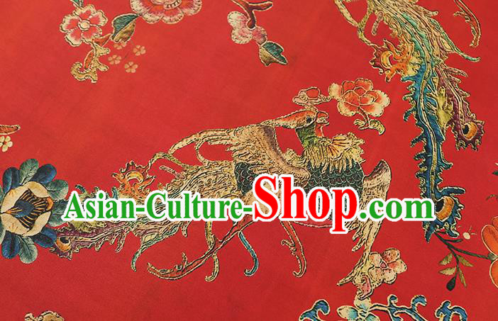 Chinese Traditional Wedding Brocade Fabric Red Satin Classical Phoenix Peony Pattern Silk Drapery