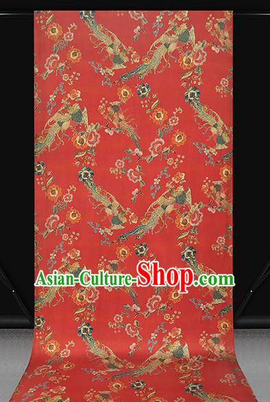 Chinese Traditional Wedding Brocade Fabric Red Satin Classical Phoenix Peony Pattern Silk Drapery