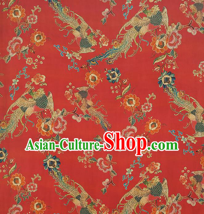 Chinese Traditional Wedding Brocade Fabric Red Satin Classical Phoenix Peony Pattern Silk Drapery