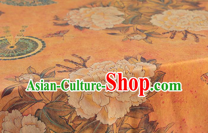 Chinese Cheongsam Orange Gambiered Guangdong Gauze Cloth Traditional Silk Drapery Classical Peony Fan Pattern Brocade Fabric