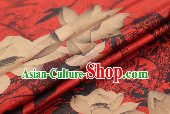 Chinese Traditional Brocade Drapery Classical Lotus Pattern Silk Fabric Cheongsam Red Gambiered Guangdong Gauze