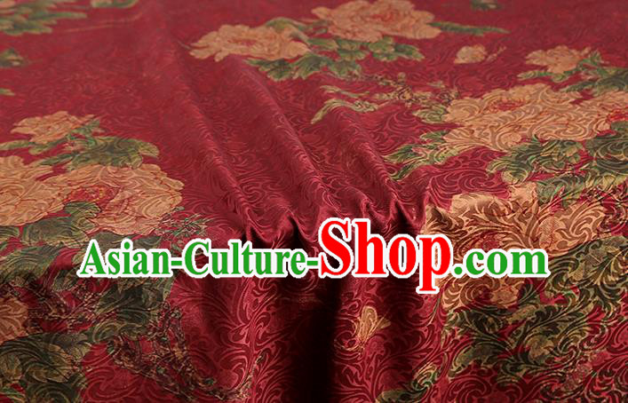 Chinese Traditional Red Brocade Drapery Cheongsam Gambiered Guangdong Gauze Classical Peony Pattern Silk Fabric