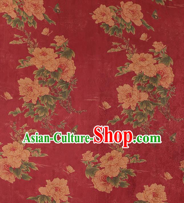 Chinese Traditional Red Brocade Drapery Cheongsam Gambiered Guangdong Gauze Classical Peony Pattern Silk Fabric