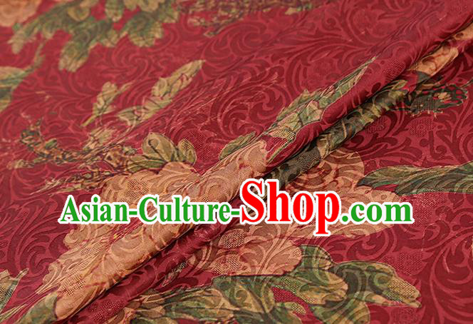 Chinese Traditional Red Brocade Drapery Cheongsam Gambiered Guangdong Gauze Classical Peony Pattern Silk Fabric