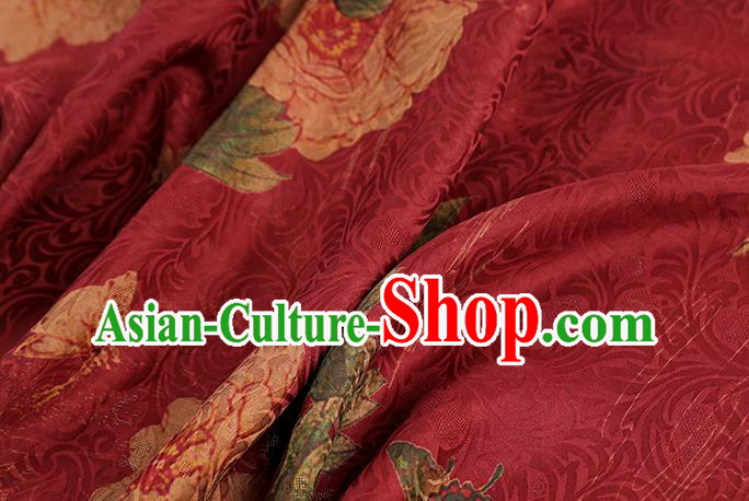 Chinese Traditional Red Brocade Drapery Cheongsam Gambiered Guangdong Gauze Classical Peony Pattern Silk Fabric