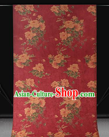 Chinese Traditional Red Brocade Drapery Cheongsam Gambiered Guangdong Gauze Classical Peony Pattern Silk Fabric