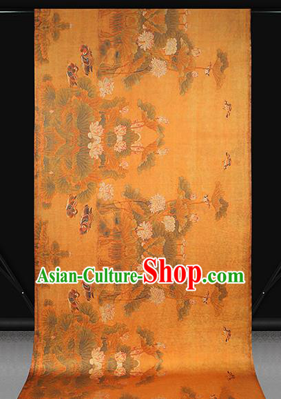 Chinese Traditional Orange Brocade Drapery Cheongsam Gambiered Guangdong Gauze Classical Lotus Pattern Silk Fabric