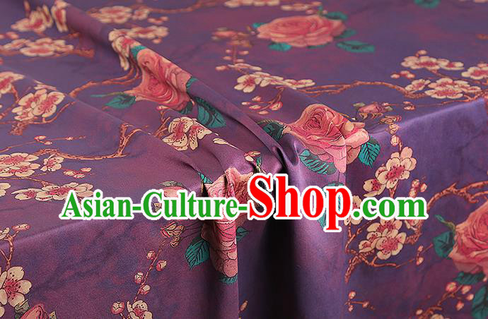 Chinese Traditional Purple Brocade Drapery Cheongsam Gambiered Guangdong Gauze Classical Plum Rose Pattern Silk Fabric