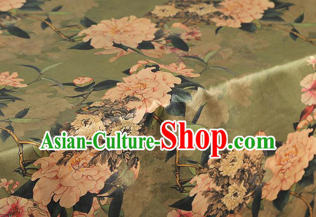 Chinese Classical Peony Pattern Light Green Brocade Drapery Traditional Gambiered Guangdong Gauze Cheongsam Silk Fabric