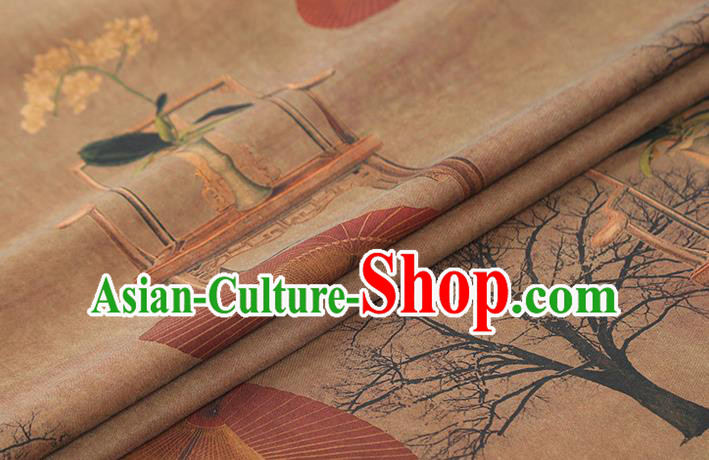 Chinese Traditional Gambiered Guangdong Gauze Classical Umbrella Pattern Brown Brocade Drapery Cheongsam Silk Fabric