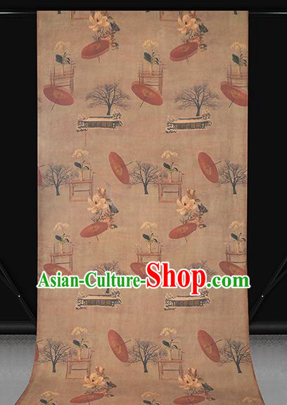 Chinese Traditional Gambiered Guangdong Gauze Classical Umbrella Pattern Brown Brocade Drapery Cheongsam Silk Fabric