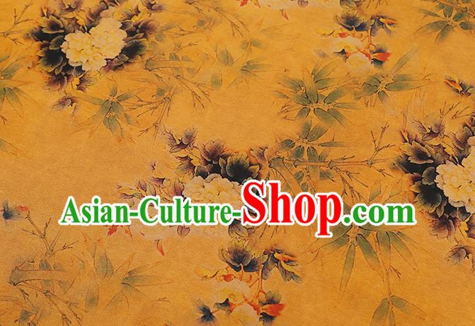 Chinese Cheongsam Silk Fabric Traditional Gambiered Guangdong Gauze Classical Peony Pattern Yellow Brocade Drapery