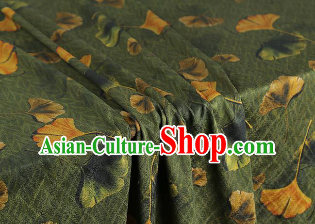 Chinese Cheongsam Olive Green Silk Fabric Traditional Gambiered Guangdong Gauze Classical Ginkgo Leaf Pattern Brocade Drapery