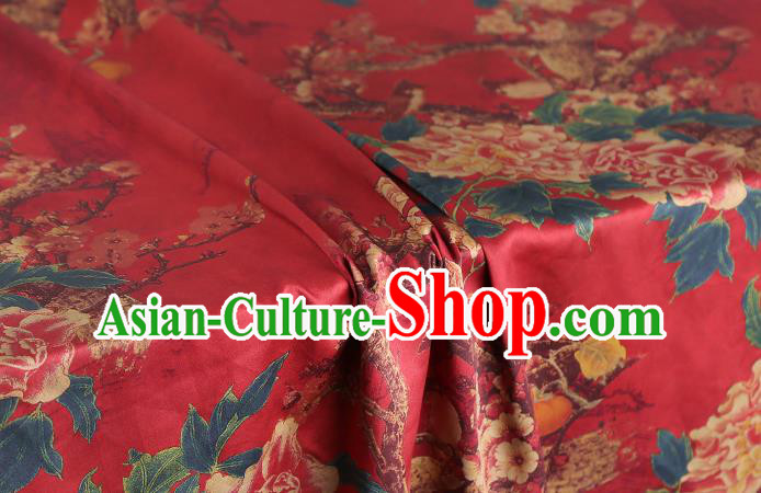 Chinese Traditional Gambiered Guangdong Gauze Cheongsam Silk Fabric Classical Peony Plum Pattern Red Brocade Drapery