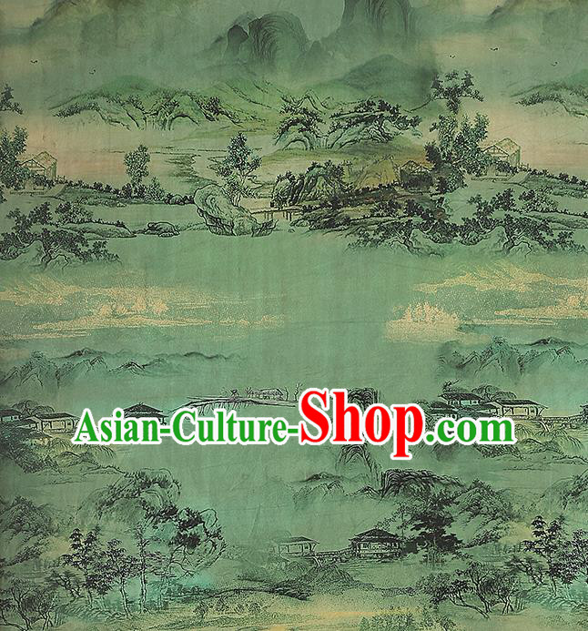 Chinese Classical Landscape Pattern Brocade Drapery Traditional Gambiered Guangdong Gauze Cheongsam Green Silk Fabric