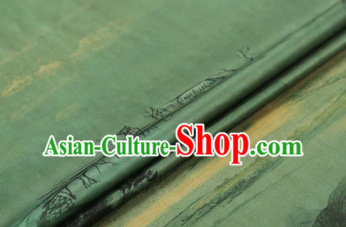 Chinese Classical Landscape Pattern Brocade Drapery Traditional Gambiered Guangdong Gauze Cheongsam Green Silk Fabric