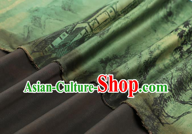 Chinese Classical Landscape Pattern Brocade Drapery Traditional Gambiered Guangdong Gauze Cheongsam Green Silk Fabric