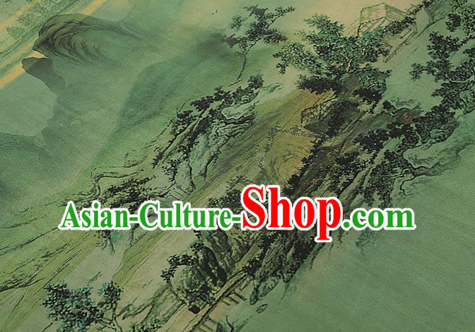 Chinese Classical Landscape Pattern Brocade Drapery Traditional Gambiered Guangdong Gauze Cheongsam Green Silk Fabric