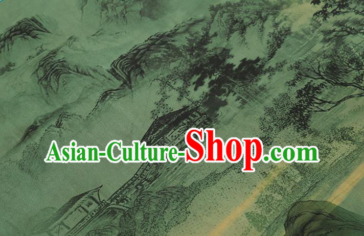 Chinese Classical Landscape Pattern Brocade Drapery Traditional Gambiered Guangdong Gauze Cheongsam Green Silk Fabric