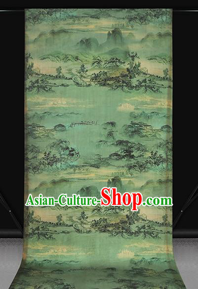 Chinese Classical Landscape Pattern Brocade Drapery Traditional Gambiered Guangdong Gauze Cheongsam Green Silk Fabric