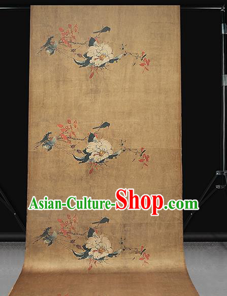 Chinese Traditional Ginger Gambiered Guangdong Gauze Cheongsam Silk Fabric Classical Peony Pattern Brocade Drapery