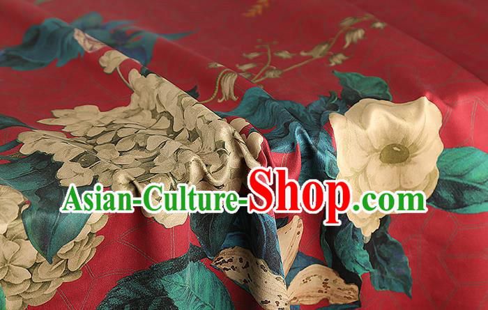 Chinese Classical Camellia Pattern Red Brocade Drapery Traditional Gambiered Guangdong Gauze Cheongsam Silk Fabric