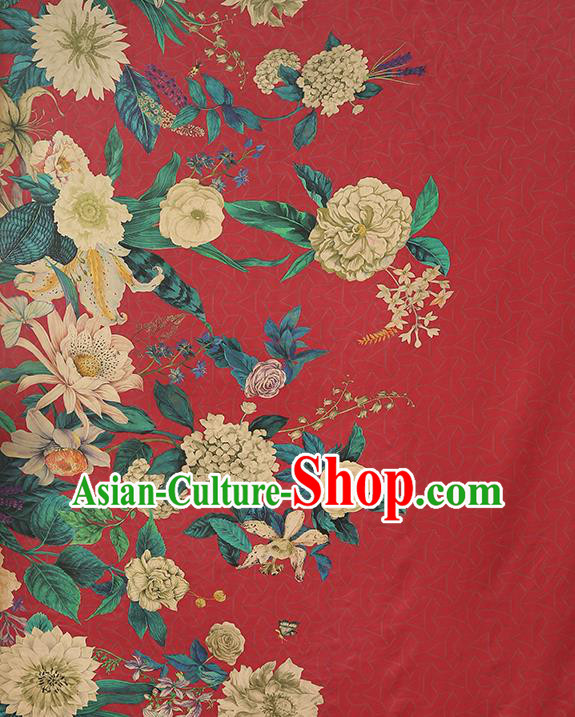 Chinese Classical Camellia Pattern Red Brocade Drapery Traditional Gambiered Guangdong Gauze Cheongsam Silk Fabric