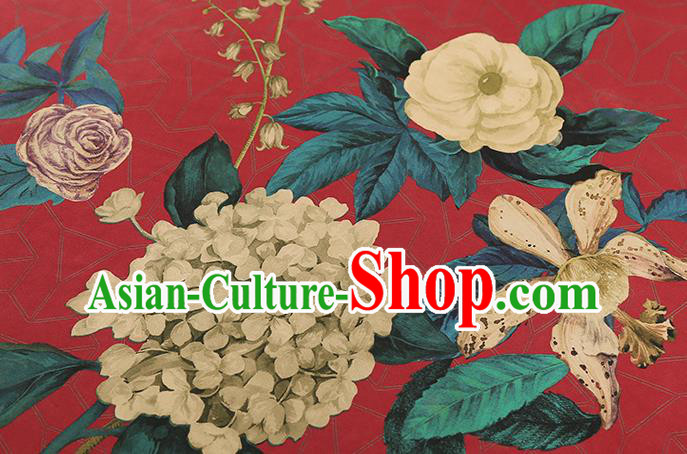 Chinese Classical Camellia Pattern Red Brocade Drapery Traditional Gambiered Guangdong Gauze Cheongsam Silk Fabric