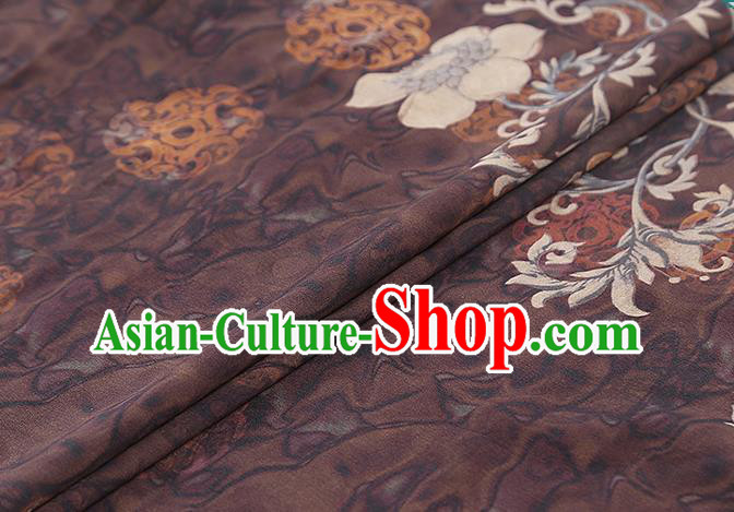Chinese Silk Fabric Traditional Cheongsam Gambiered Guangdong Gauze Classical Flowers Pattern Brown Brocade Drapery