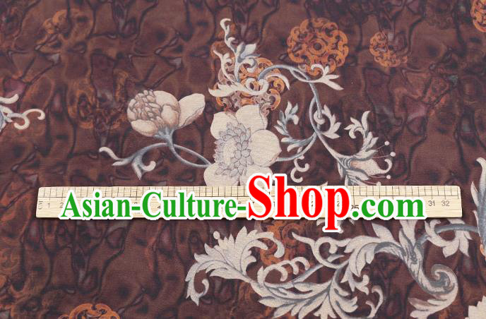 Chinese Silk Fabric Traditional Cheongsam Gambiered Guangdong Gauze Classical Flowers Pattern Brown Brocade Drapery