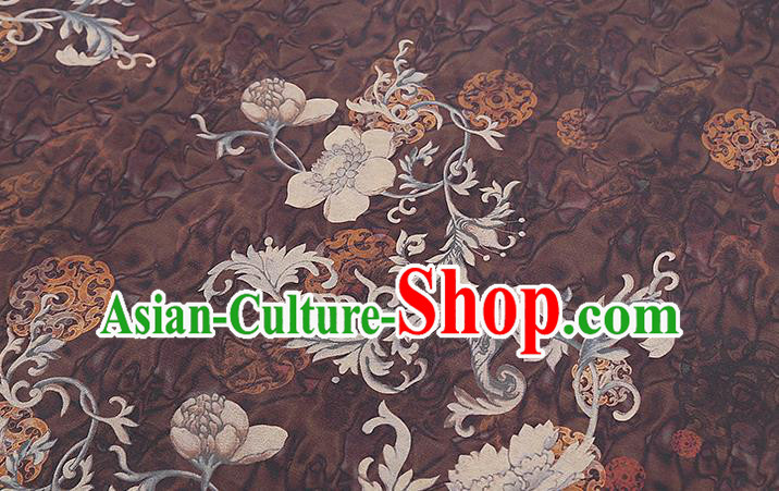Chinese Silk Fabric Traditional Cheongsam Gambiered Guangdong Gauze Classical Flowers Pattern Brown Brocade Drapery