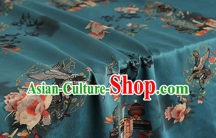Chinese Classical Crane Flowers Pattern Blue Gambiered Guangdong Gauze Silk Drapery Traditional Cheongsam Brocade Fabric