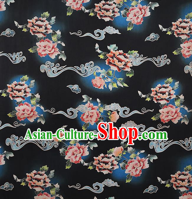 Chinese Silk Drapery Traditional Cheongsam Brocade Fabric Classical Peony Pattern Black Gambiered Guangdong Gauze