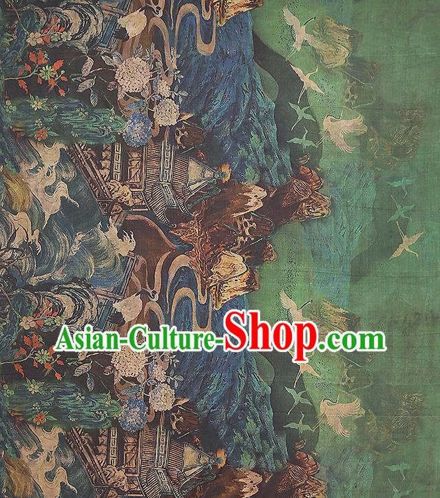 Chinese Green Silk Drapery Classical Crane Pattern Gambiered Guangdong Gauze Traditional Cheongsam Brocade Fabric